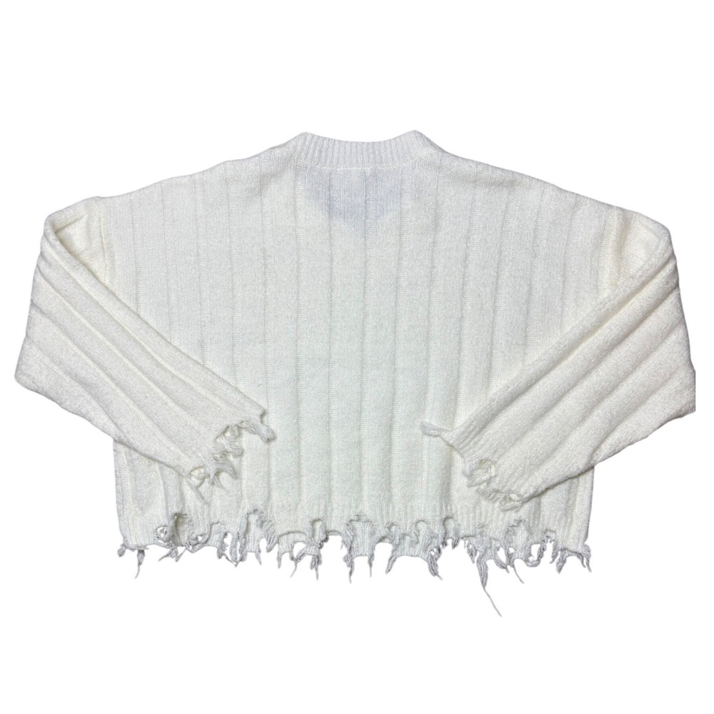 Used Fashion Nova Womens White Distressed Cropped Knit Sweater Size Med Good Con